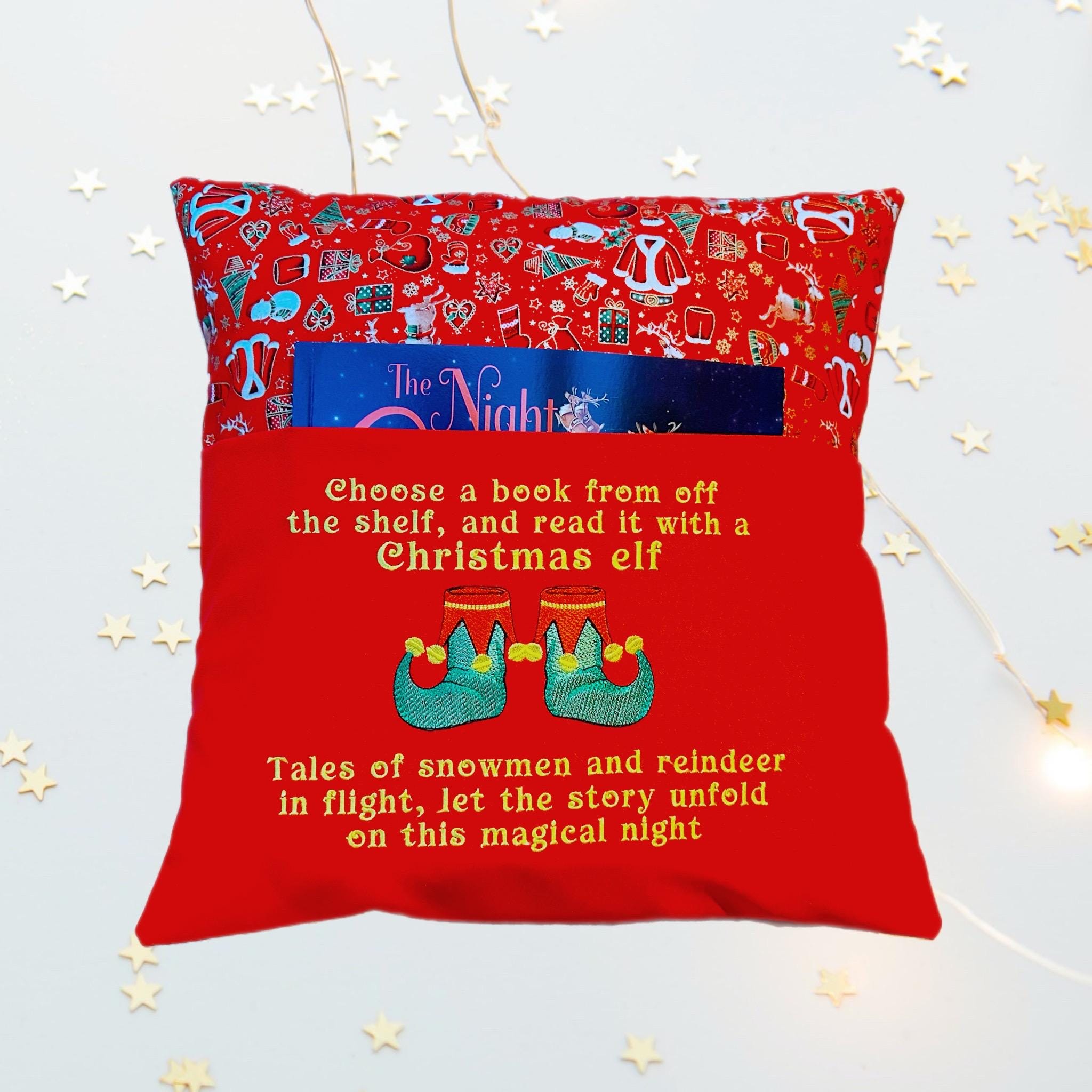Elf embroidered book cushion, personalisation available — image 6