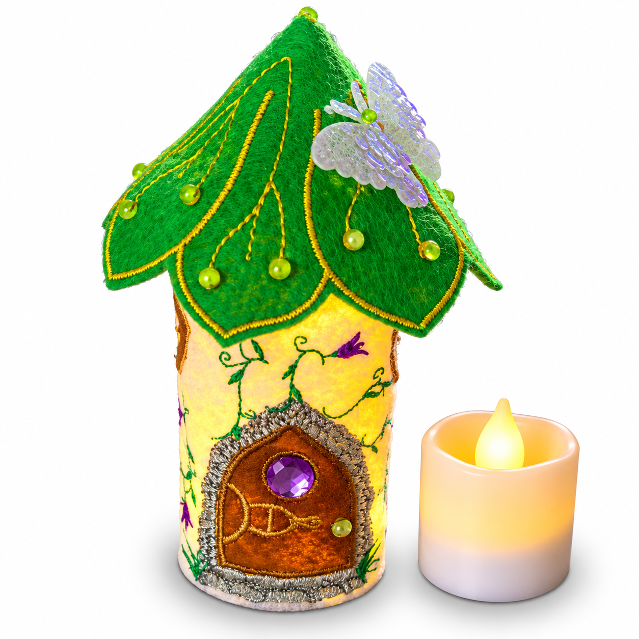 Green Butterfly Fairy House Handmade Felt LED Tealight Decoration — image 2