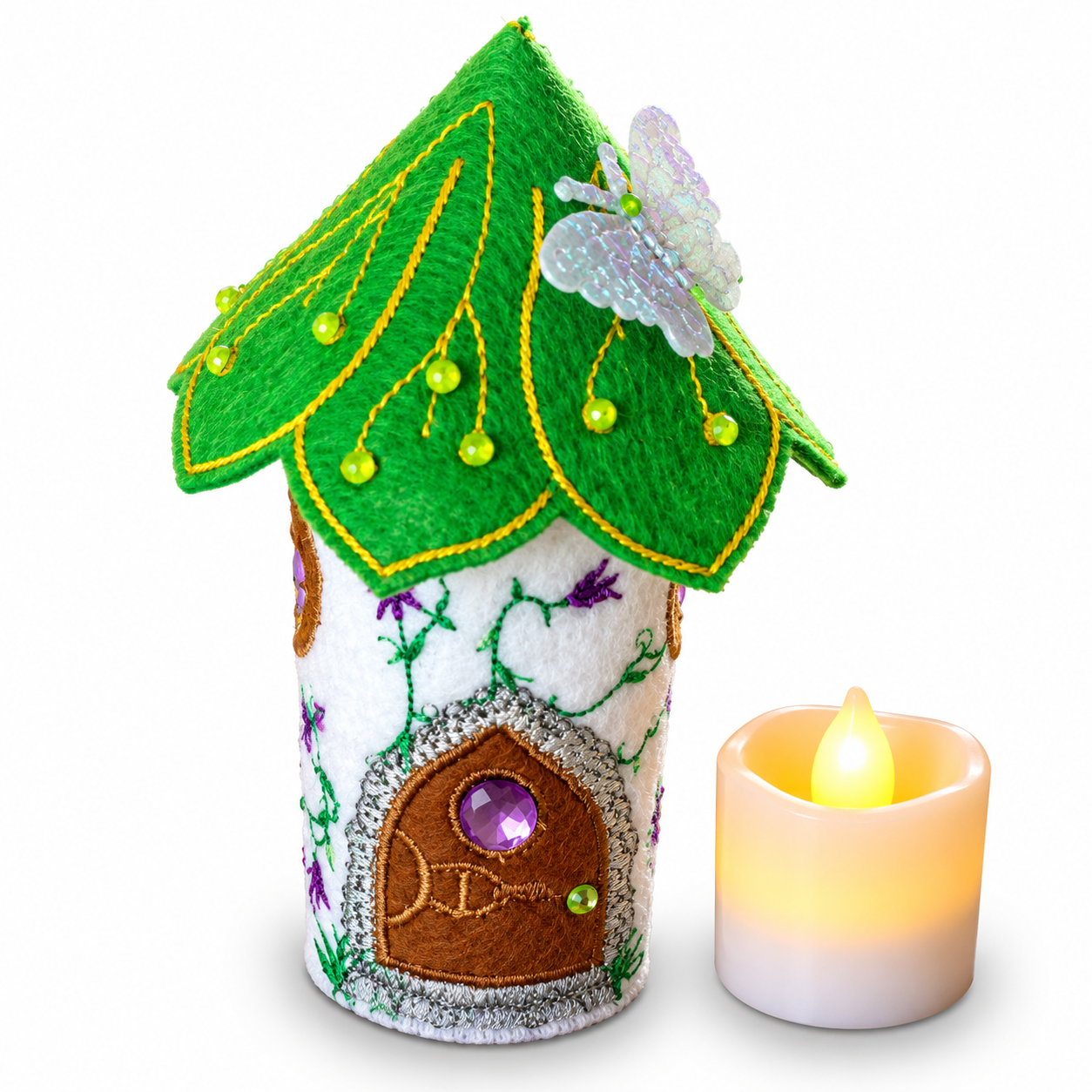 Green Butterfly Fairy House Handmade Felt LED Tealight Decoration — image 3