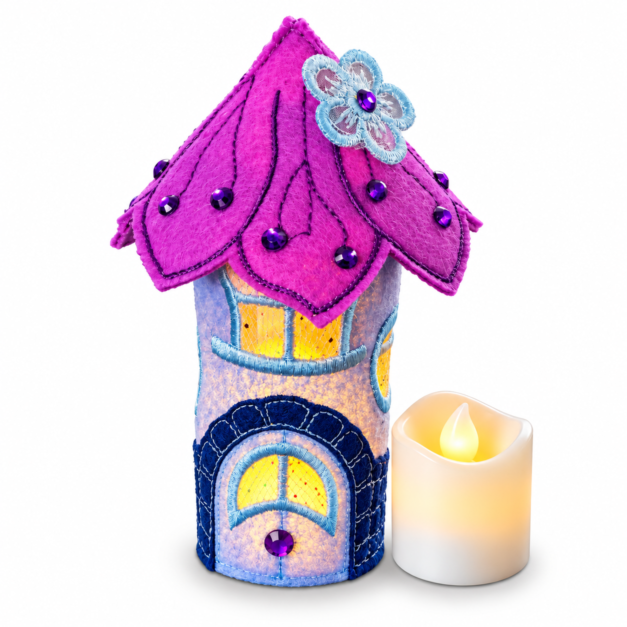 Magenta Blossom Fairy House Handmade Felt LED Tealight Decoration — image 3