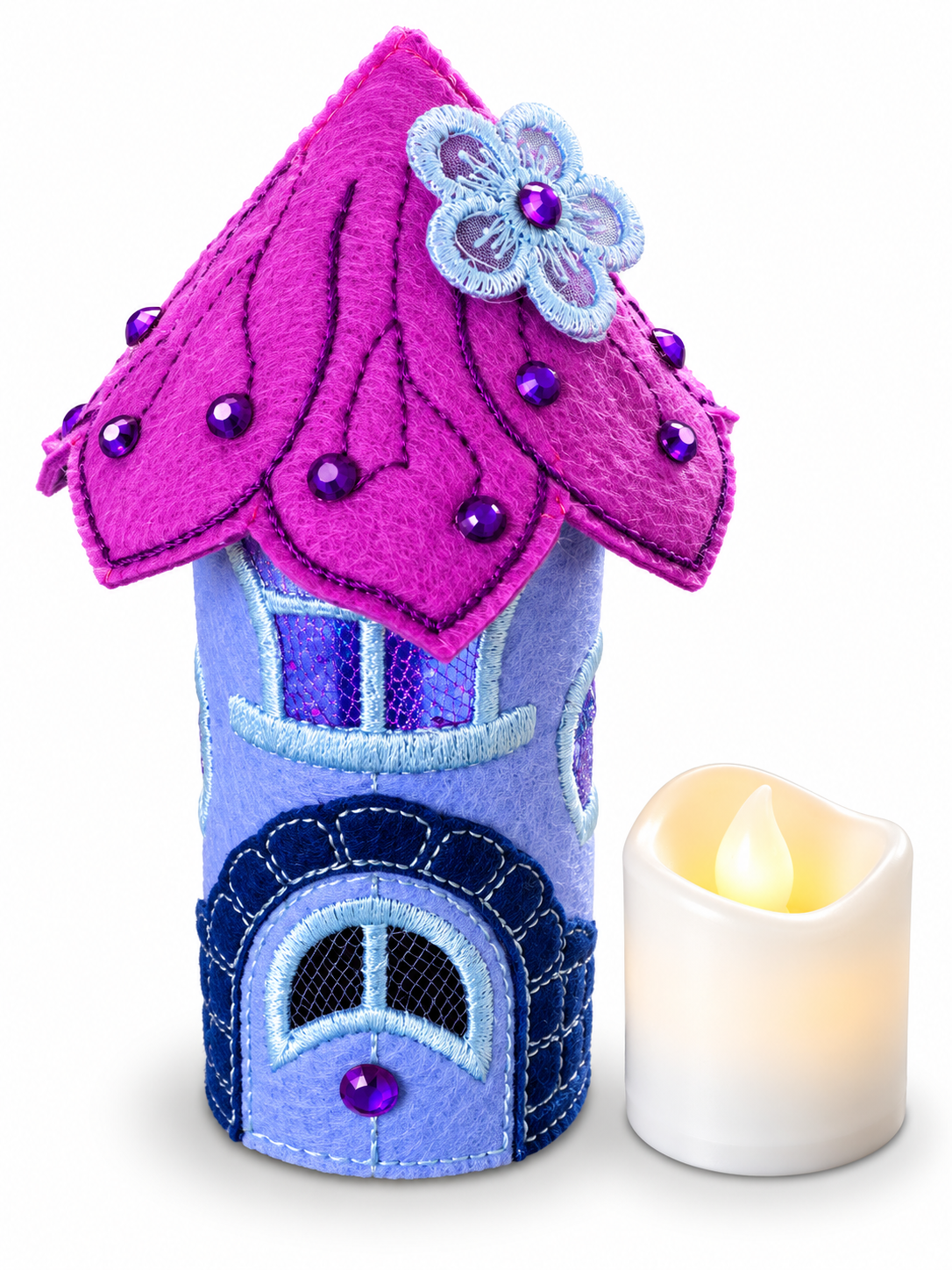 Magenta Blossom Fairy House Handmade Felt LED Tealight Decoration