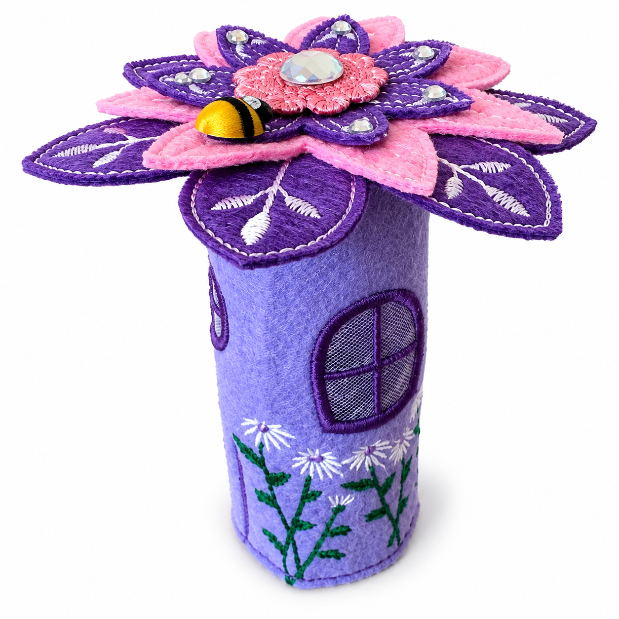Pink Blossom & Bumblebee Felt Fairy House Handmade Flower Cottage — image 2