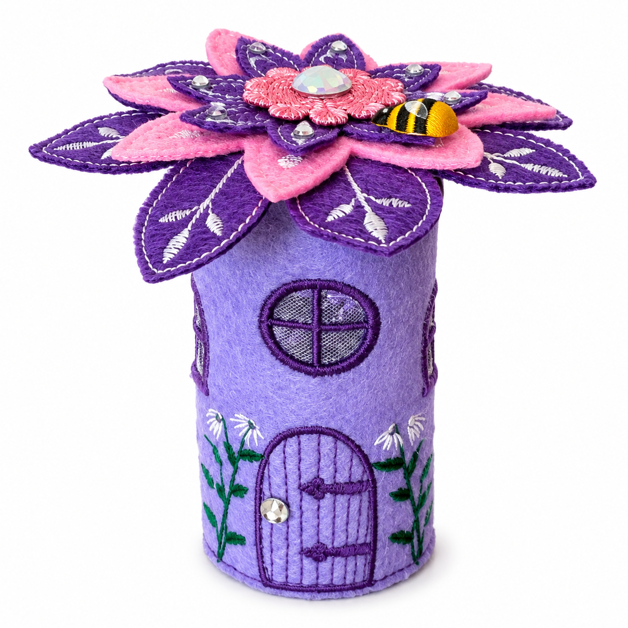 Pink Blossom & Bumblebee Felt Fairy House Handmade Flower Cottage — image 3