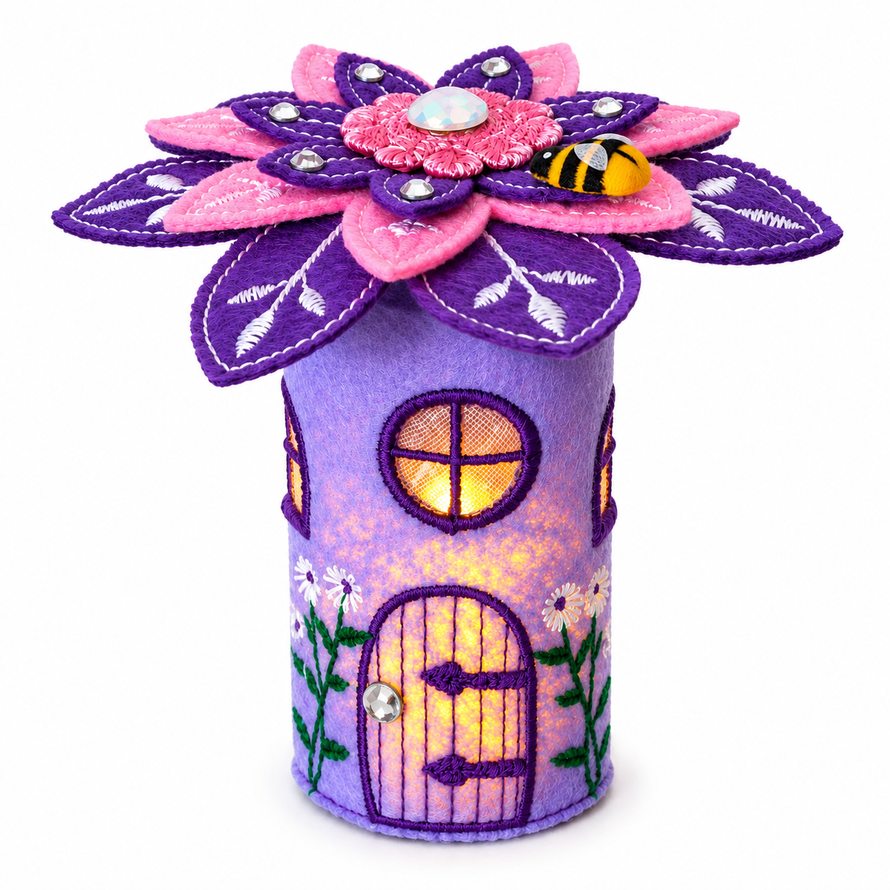 Pink Blossom & Bumblebee Felt Fairy House Handmade Flower Cottage