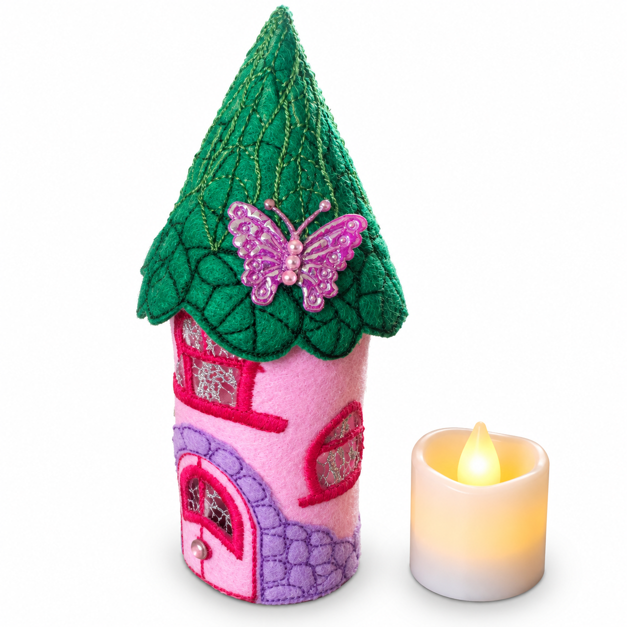 Pink Butterfly Fairy House Handmade Felt LED Tealight Decoration — image 3