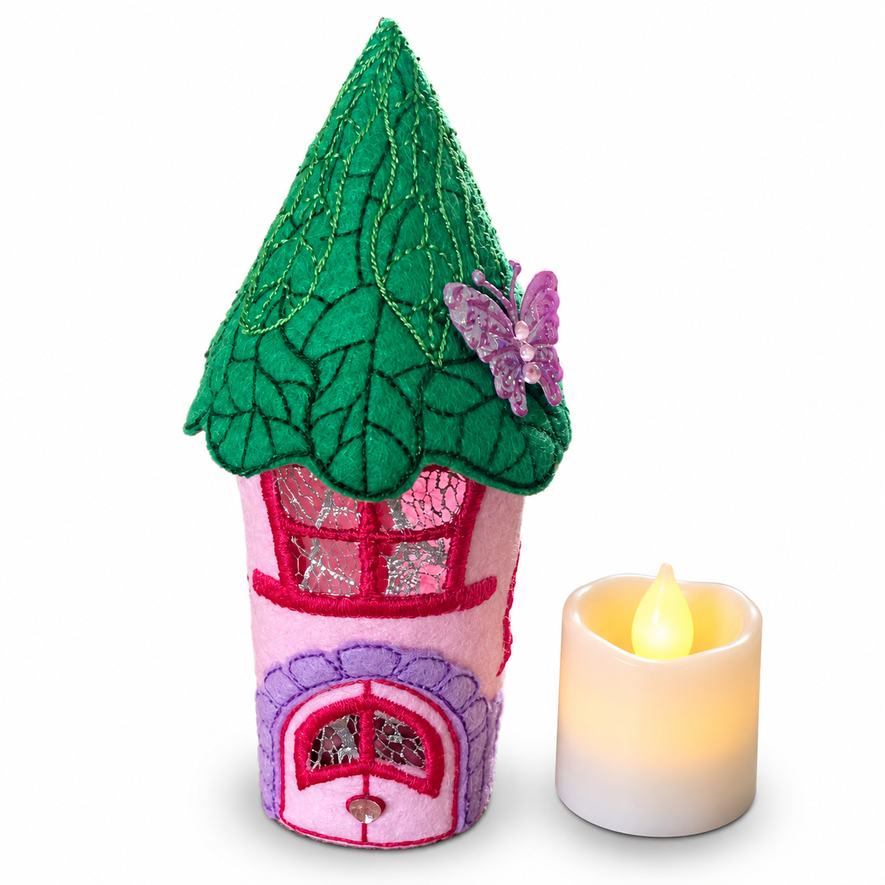 Pink Butterfly Fairy House Handmade Felt LED Tealight Decoration