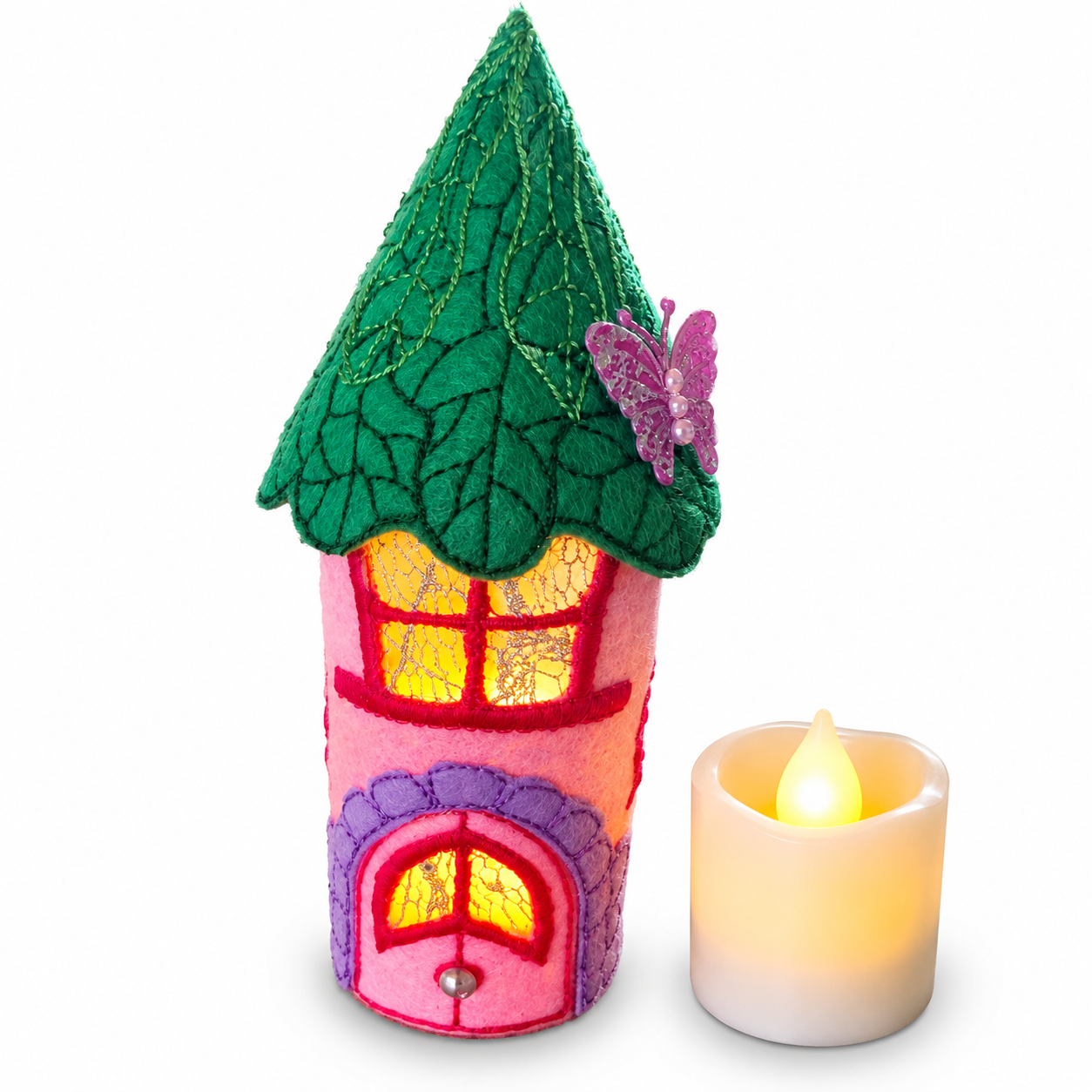Pink Butterfly Fairy House Handmade Felt LED Tealight Decoration — image 2