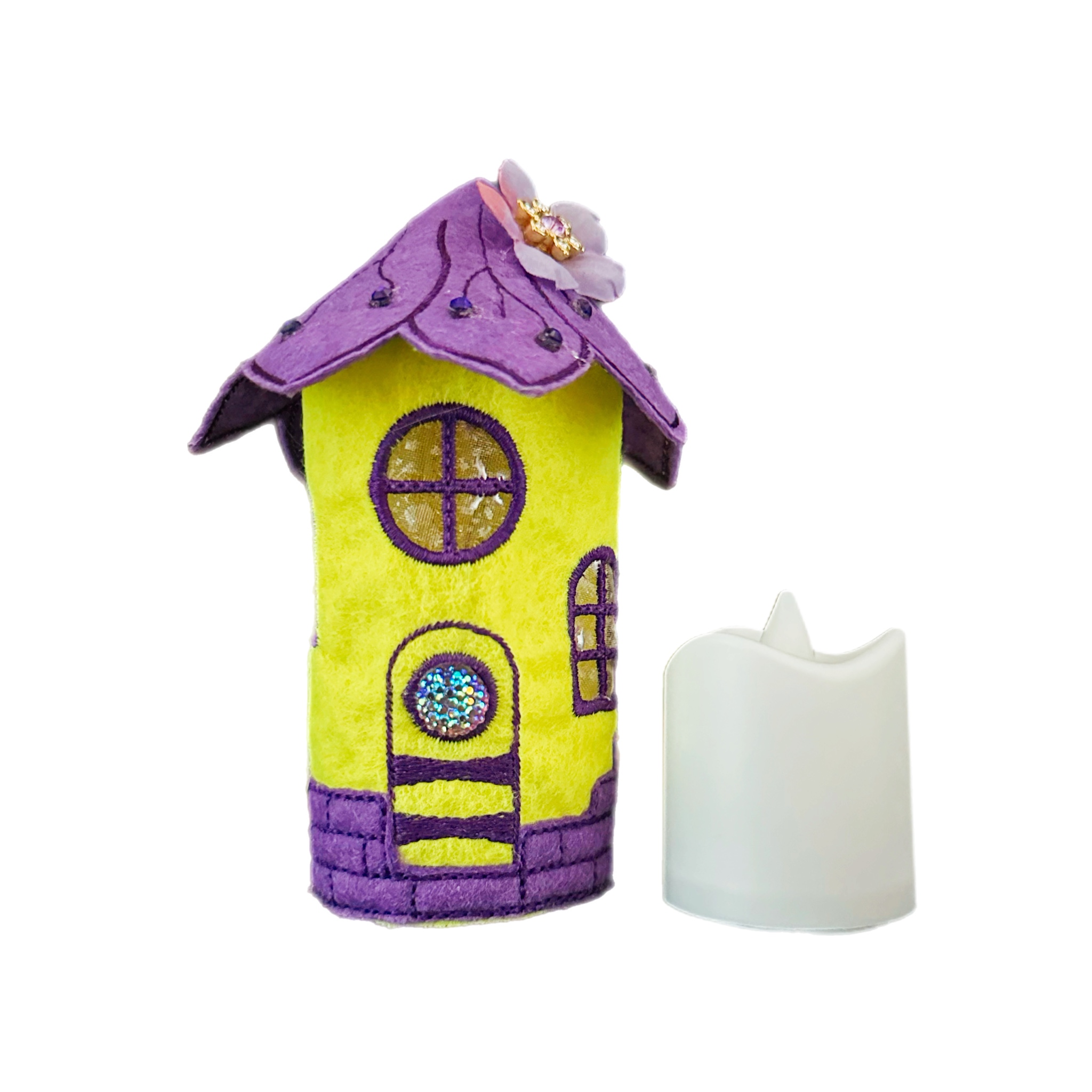 Yellow & Purple Flower Fairy House with LED Tea Light
