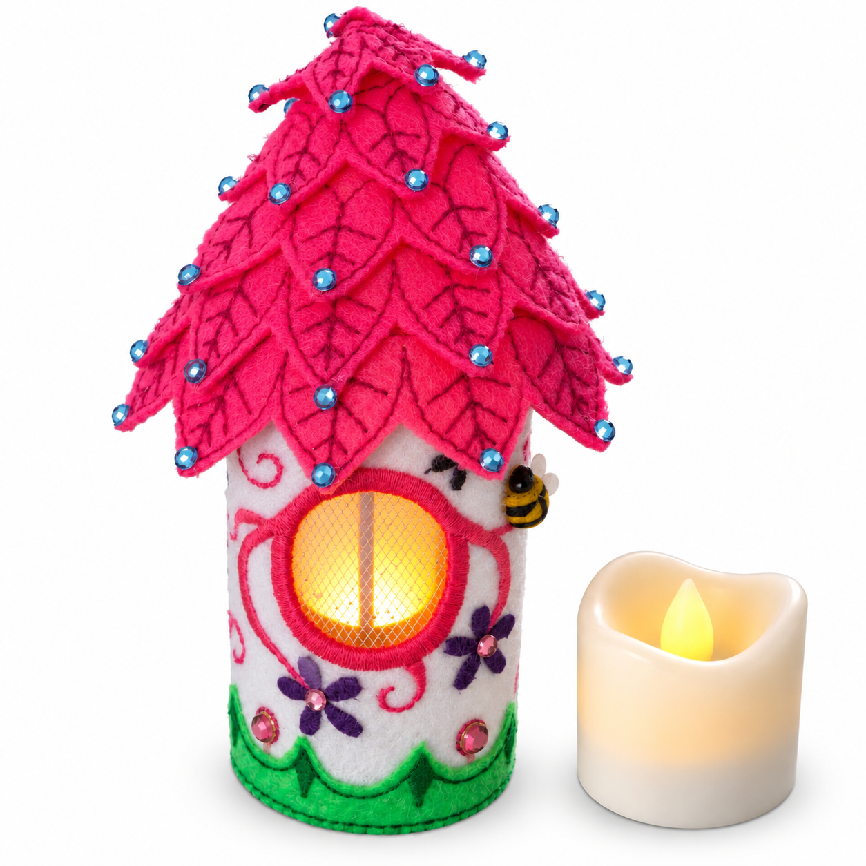 Fuchsia Blossom Fairy House Handmade Felt LED Tealight Decoration