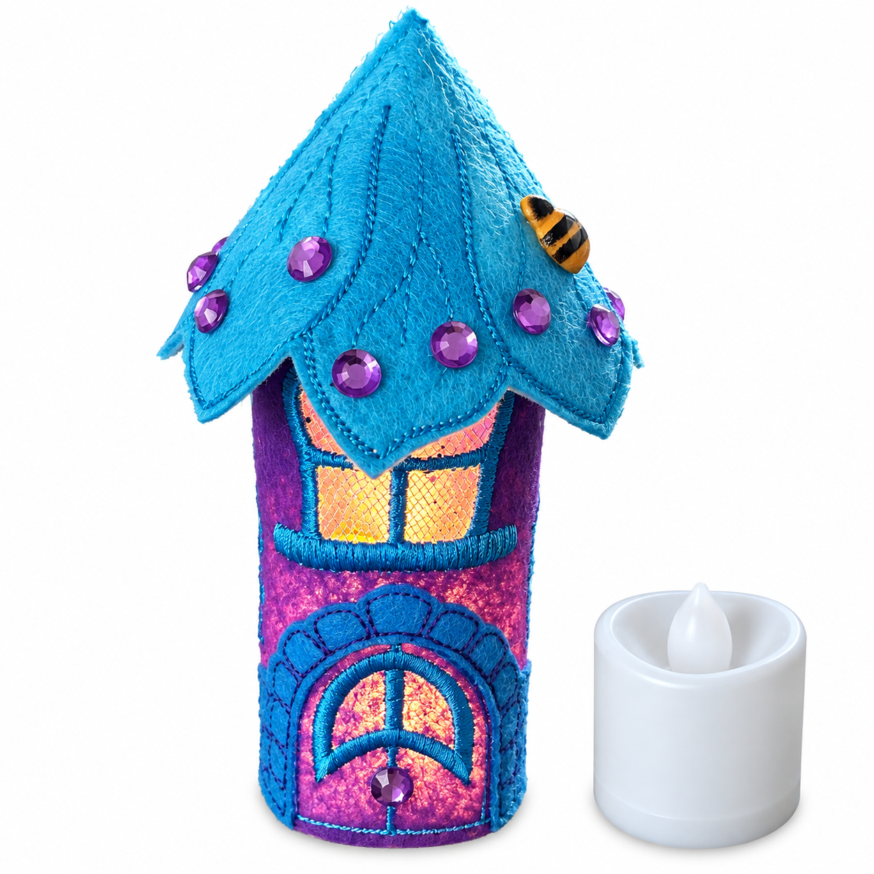 Turquoise Bumblebee Fairy House Handmade Felt LED Tealight Decoration
