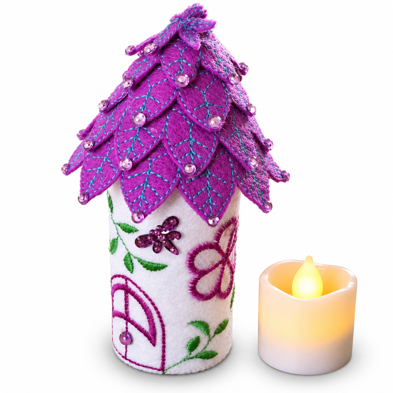 Purple Butterfly Fairy House Handmade Felt LED Tealight Decoration — image 3