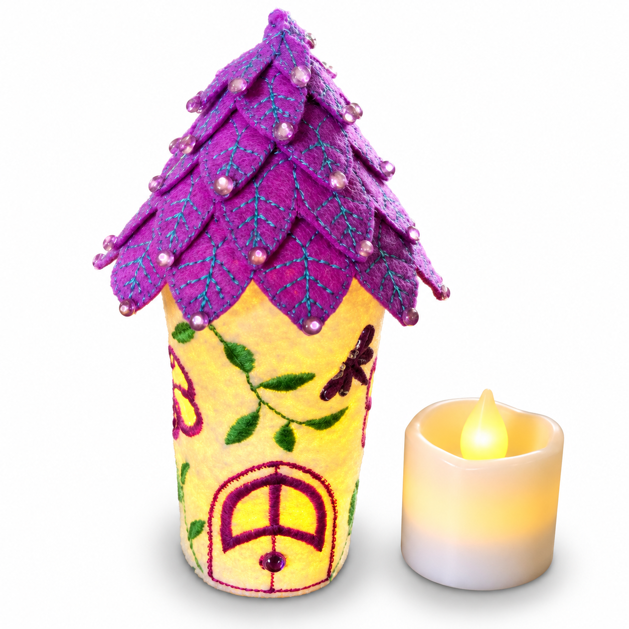 Purple Butterfly Fairy House Handmade Felt LED Tealight Decoration