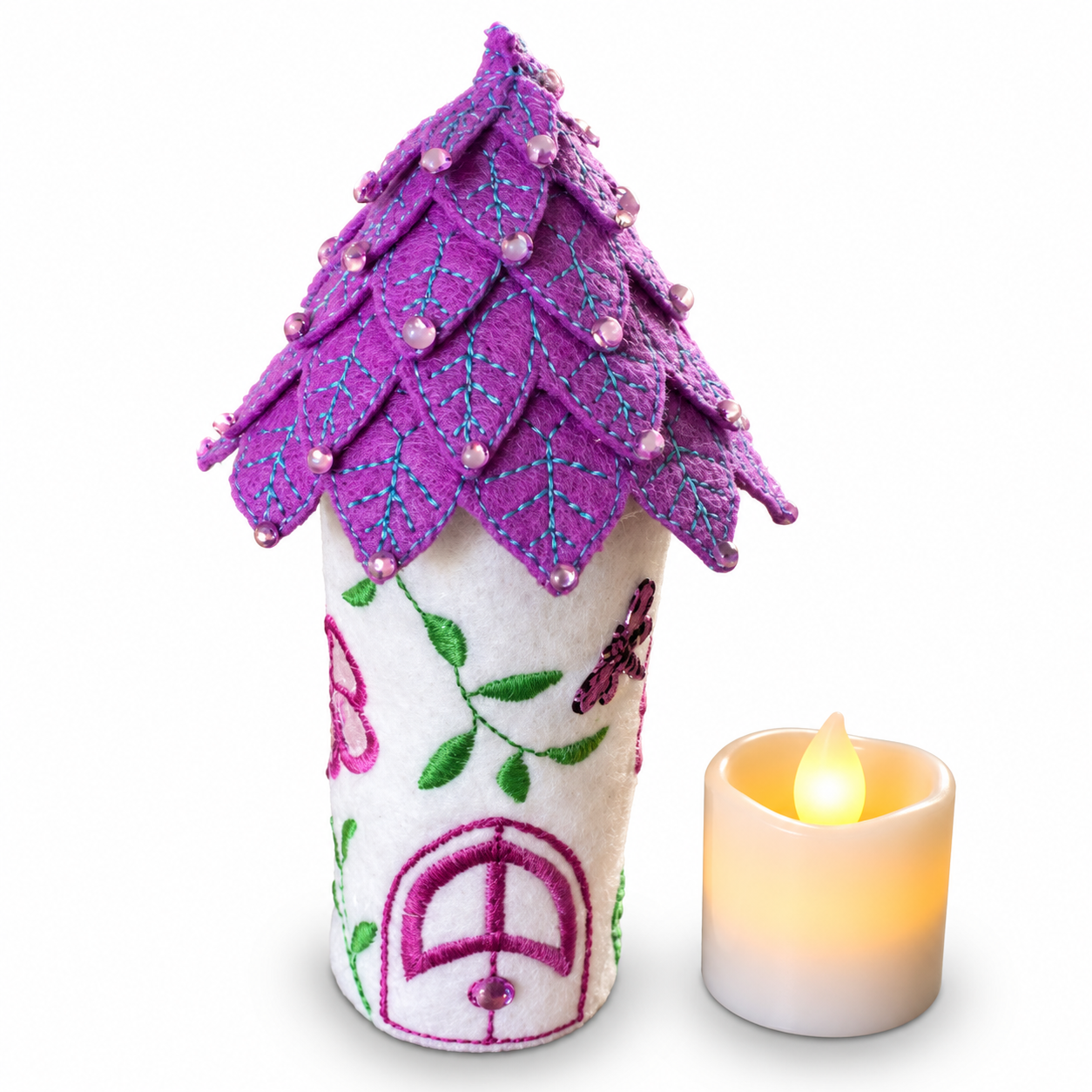 Purple Butterfly Fairy House Handmade Felt LED Tealight Decoration — image 2