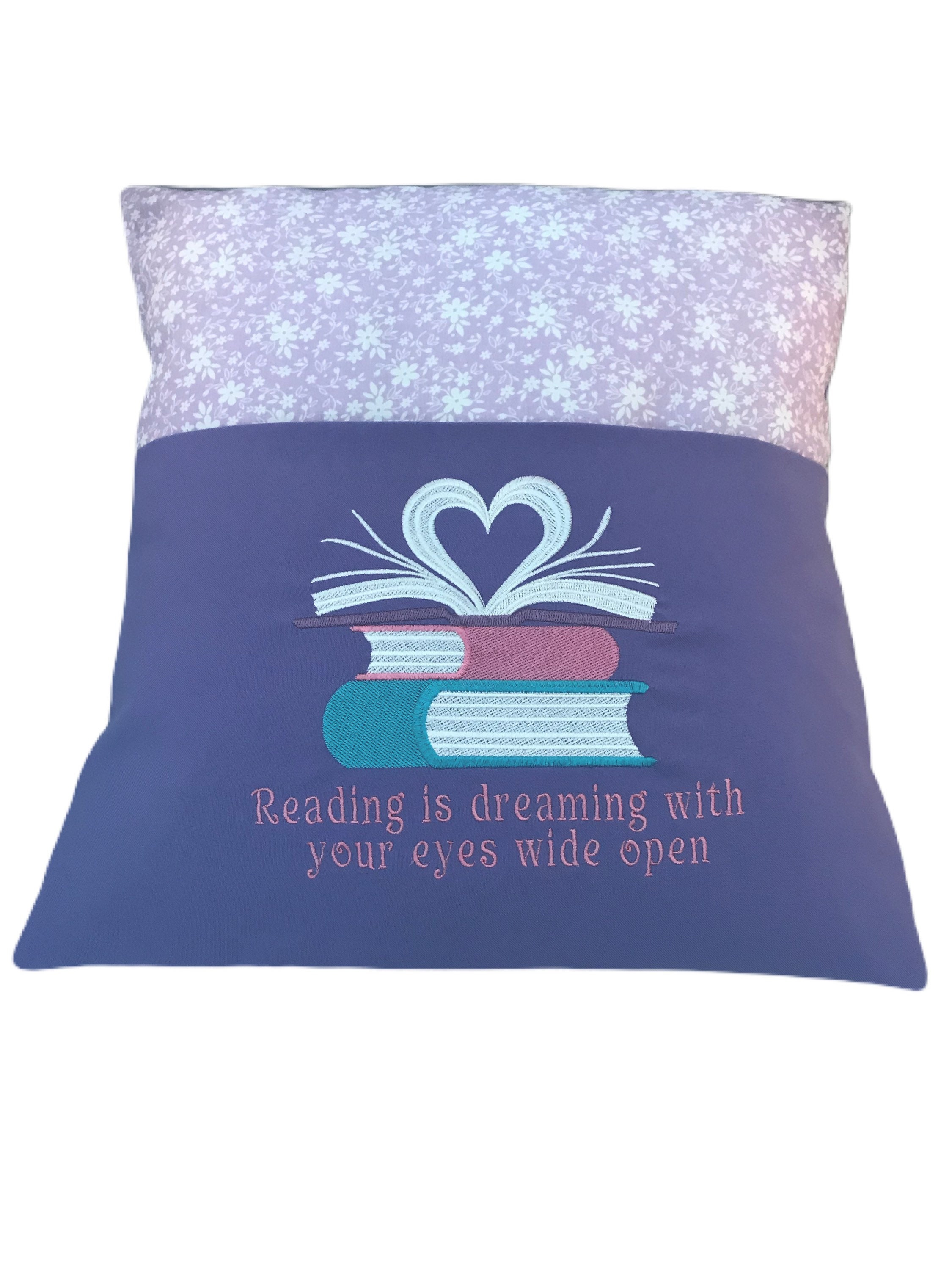 Purple Floral Book Cushion: Embroidered Heart Pocket Reading Pillow
