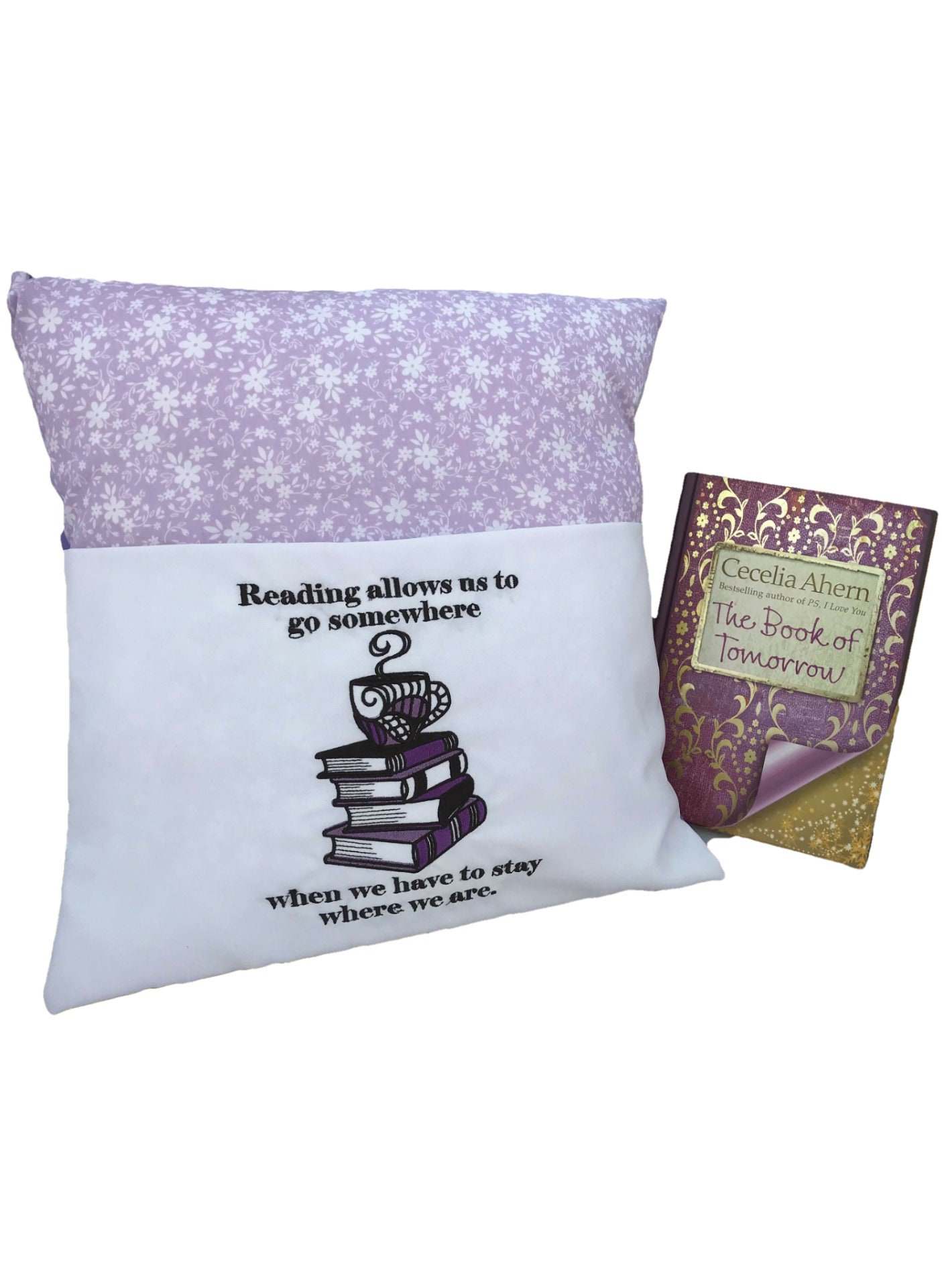 Purple Floral Book Cushion: Embroidered Reading Pillow