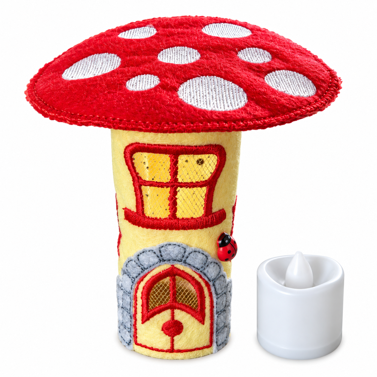 Red Toadstool Fairy House Handmade Felt LED Tealight Decoration