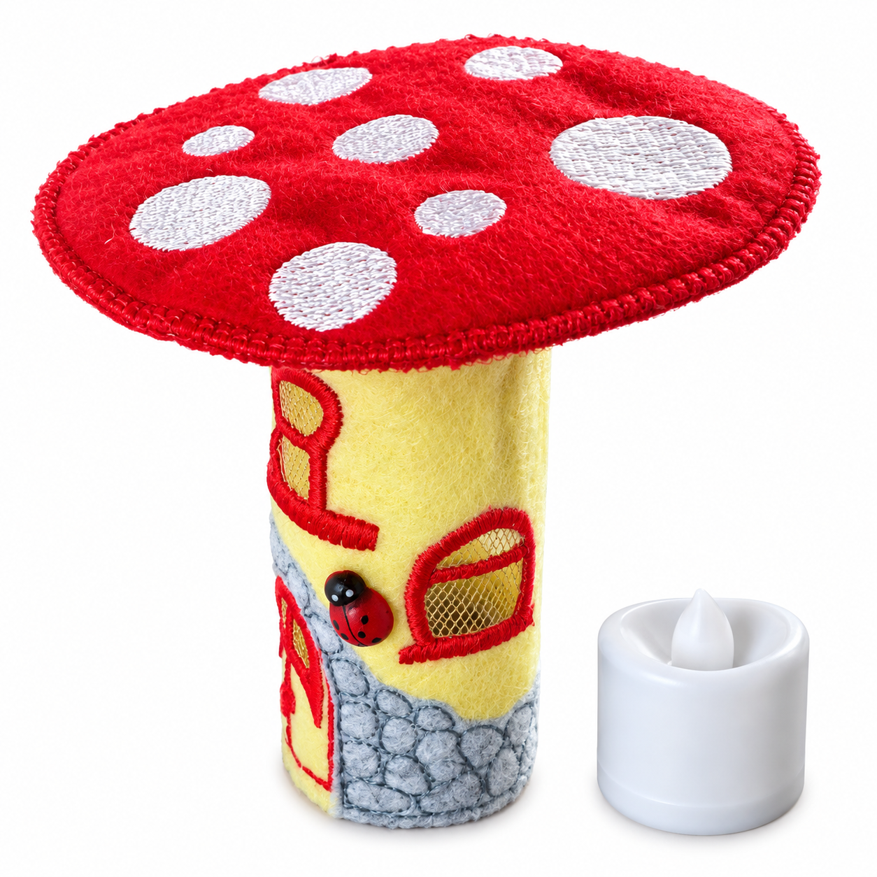 Red Toadstool Fairy House Handmade Felt LED Tealight Decoration — image 3