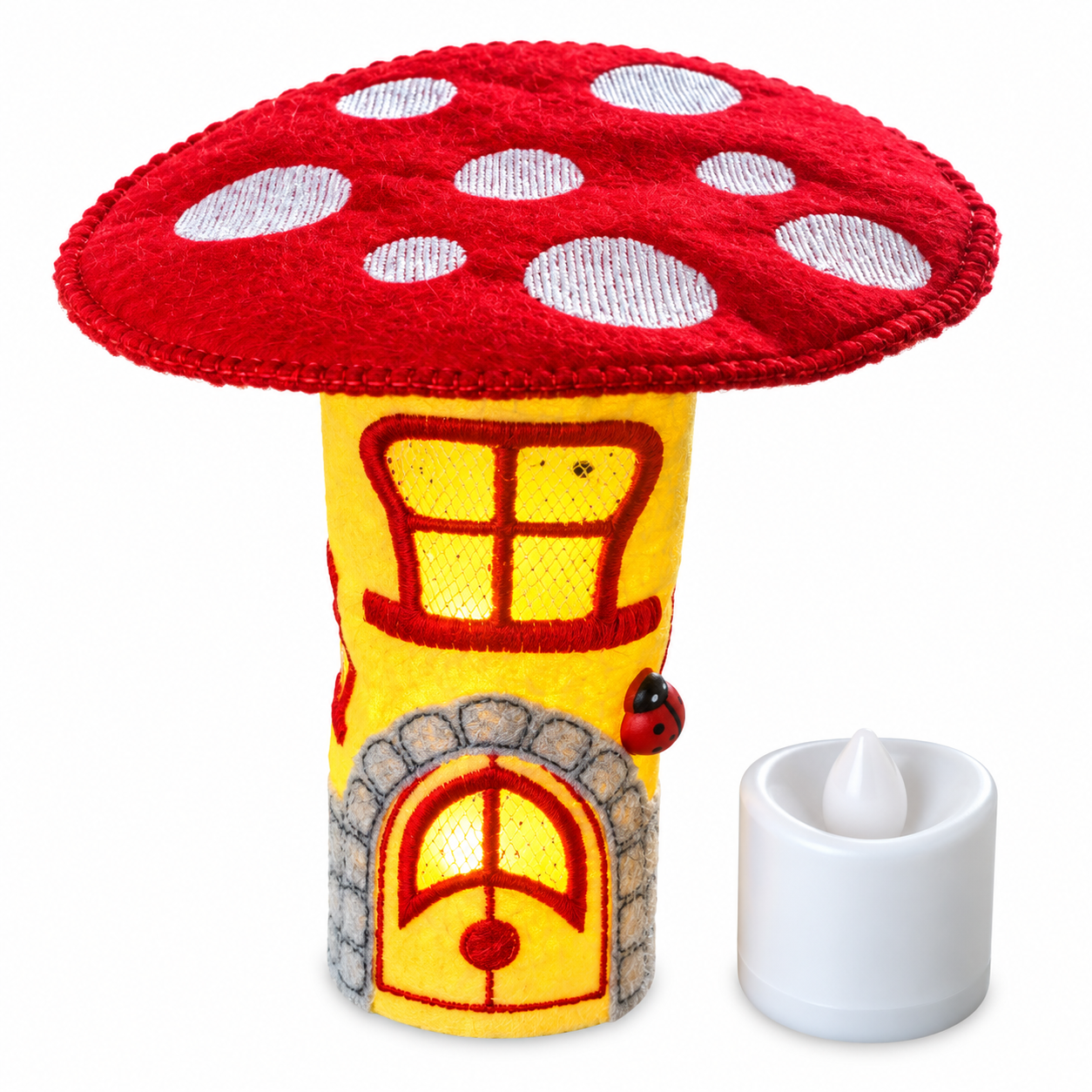 Red Toadstool Fairy House Handmade Felt LED Tealight Decoration — image 2
