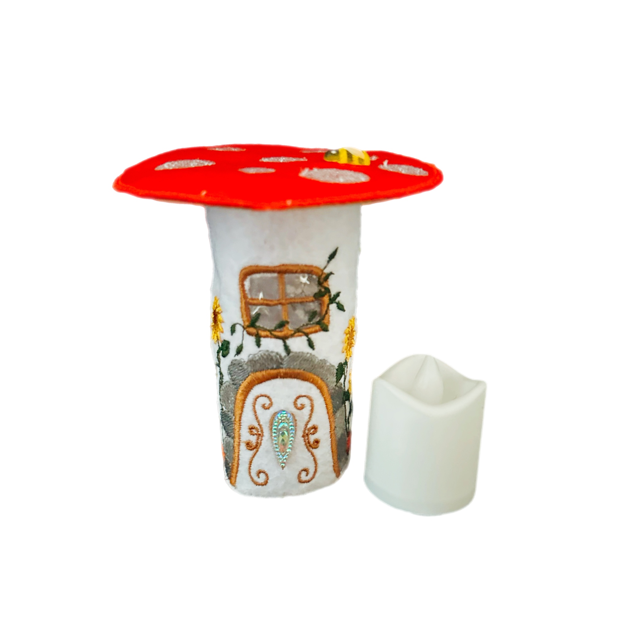 Red Toadstool Felt Fairy House with LED Tea Light