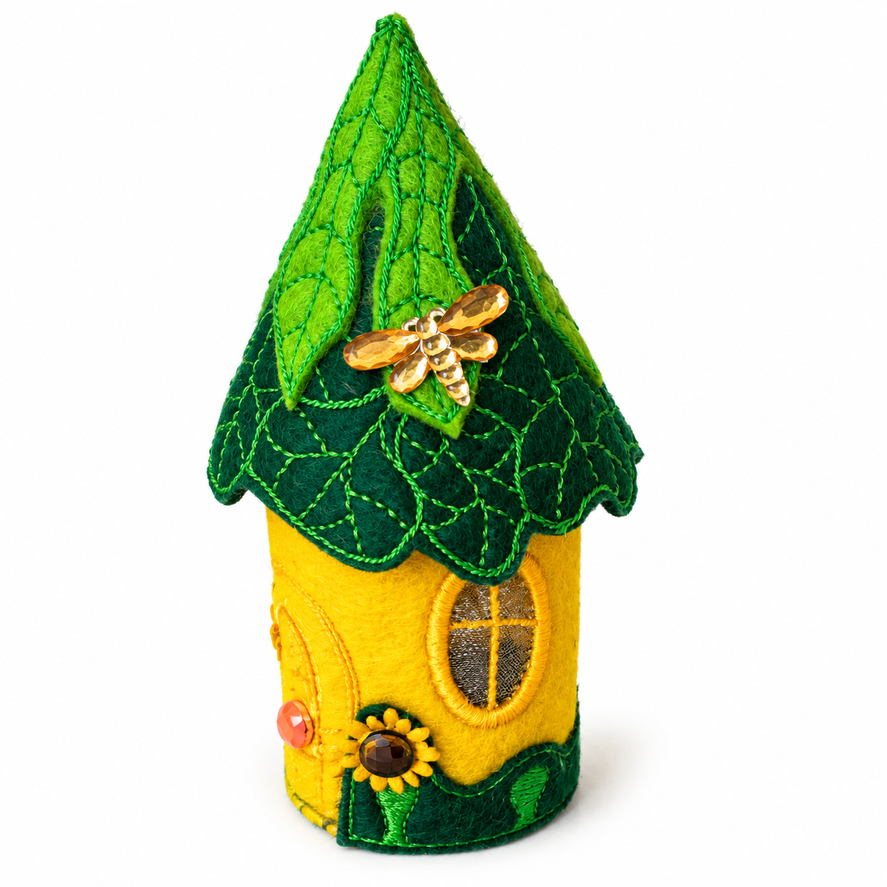 Sunflower & Dragonfly Felt Fairy House Handmade Woodland Cottage — image 4