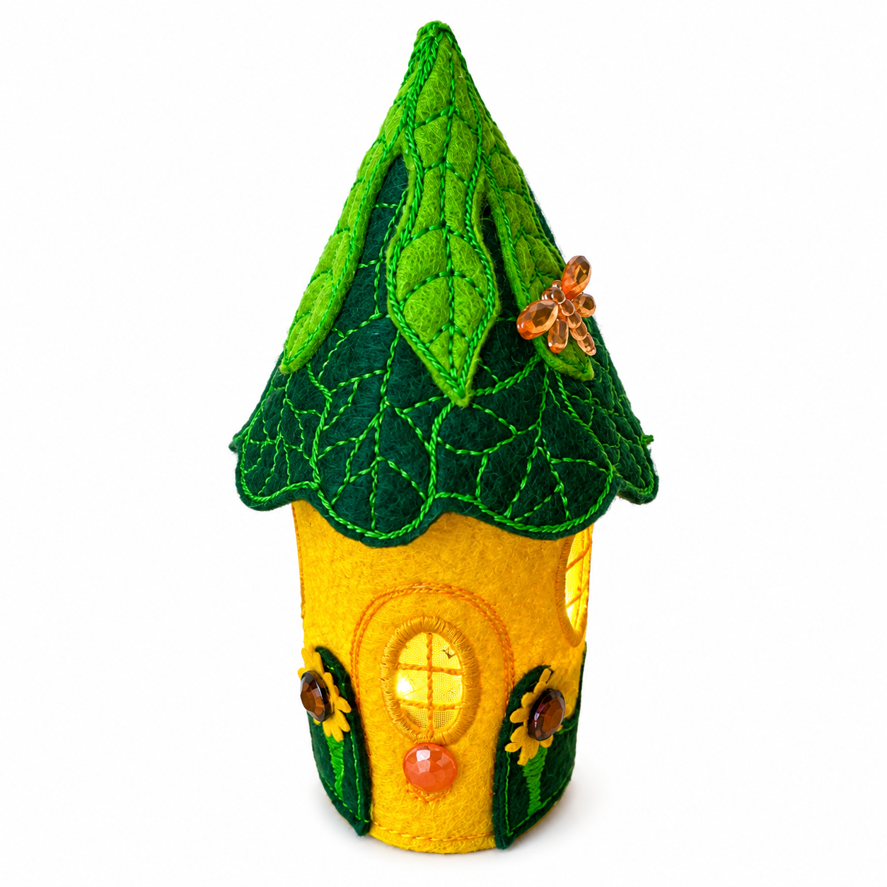 Sunflower & Dragonfly Felt Fairy House Handmade Woodland Cottage